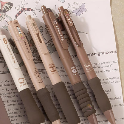 Coffee Theme Kawaii Japanese Stationary Items - 0.5mm Retractable Blue Ink Gel Pens Set of 5, Cute Pen for School, College Teenagers, Aesthetic Office Use