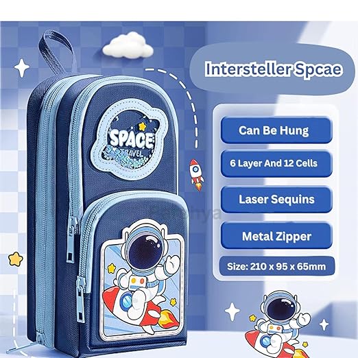 canvas premium pencil case hang able 6 layer with 3 compartment cute aesthetic pencil case for girls large capacity pencil pouch for kids cute stationary gift for kids (space travel blue)