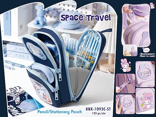 canvas premium pencil case hang able 6 layer with 3 compartment cute aesthetic pencil case for girls large capacity pencil pouch for kids cute stationary gift for kids (space travel blue)