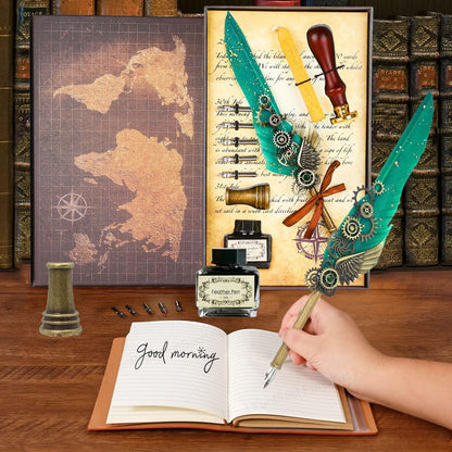 Quill Pen and Ink Set - 10 Pcs Antique Calligraphy Feather Pen Set, Writing Feather Pen Ink Set, Vintage Calligraphy Set for Signature & Art